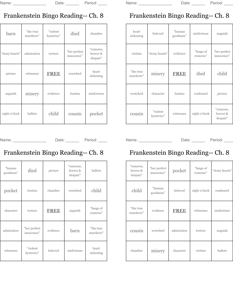 Frankenstein Bingo Reading-- Ch. 8