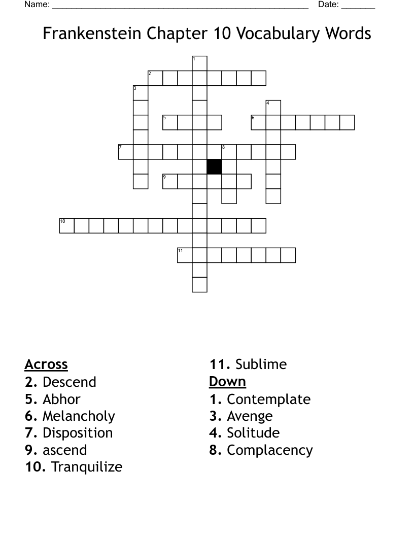 Frankenstein Chapter 10 Vocabulary Words Crossword