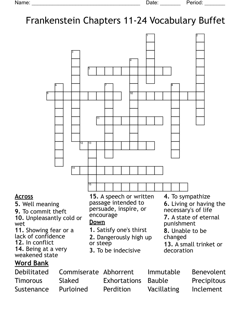 Frankenstein Chapters 11-24 Vocabulary Buffet Crossword