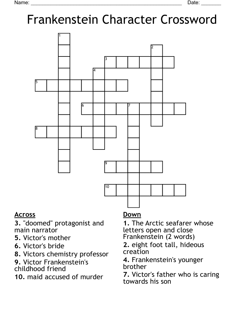 Frankenstein Character Crossword 