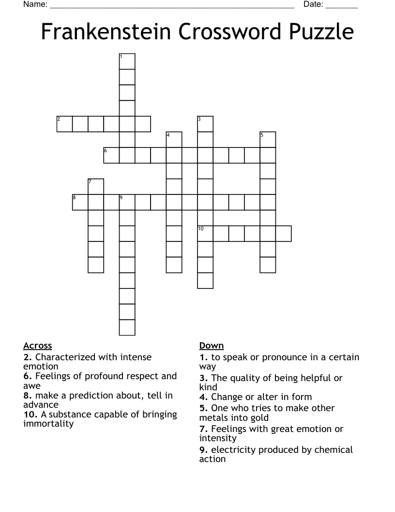 Frankenstein Crossword Puzzle
