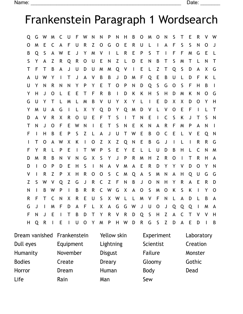 Frankenstein Paragraph 1 Wordsearch