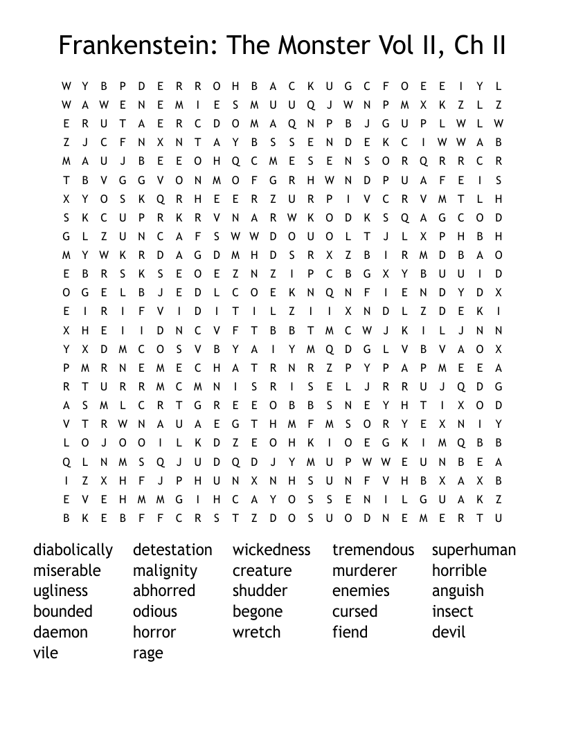 Frankenstein: The Monster Vol II, Ch II Word Search