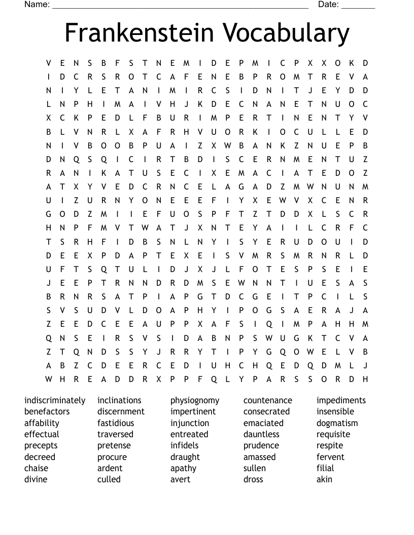 Frankenstein Vocabulary Word Search