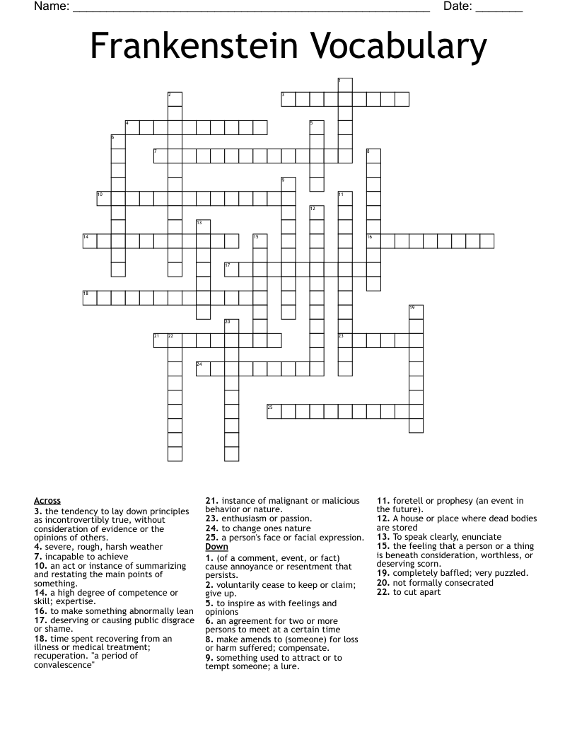 Frankenstein Vocabulary Crossword