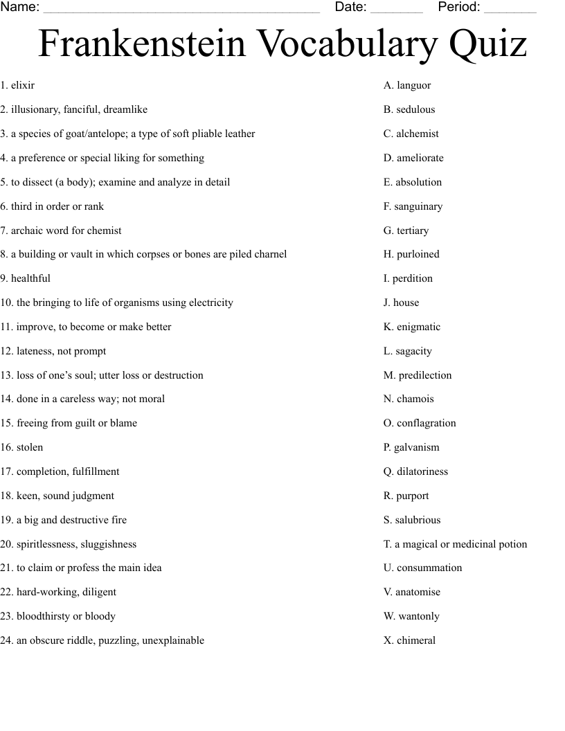 Frankenstein Vocabulary Quiz Worksheet