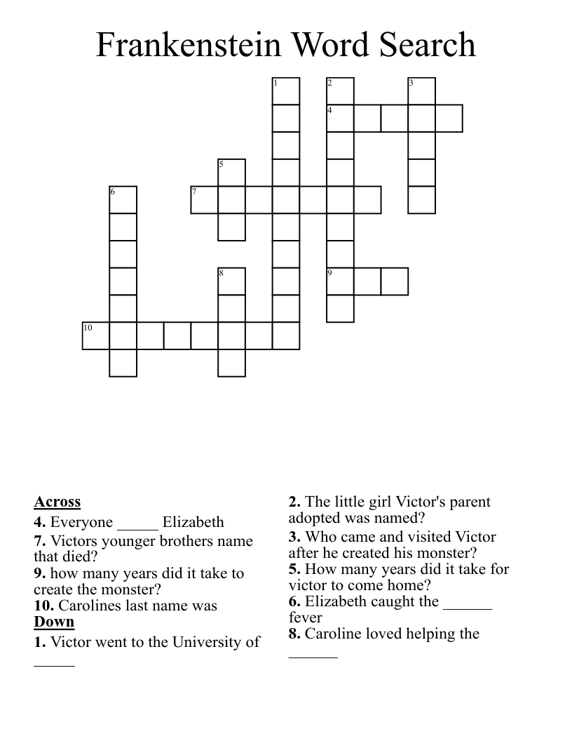 Frankenstein Word Search Crossword