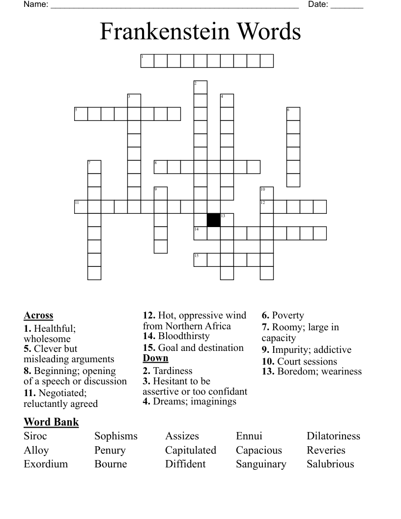 Frankenstein Words Crossword
