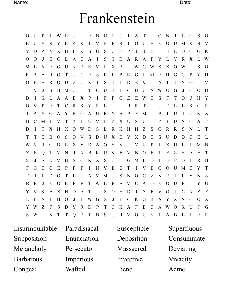 Frankenstein  Word Search