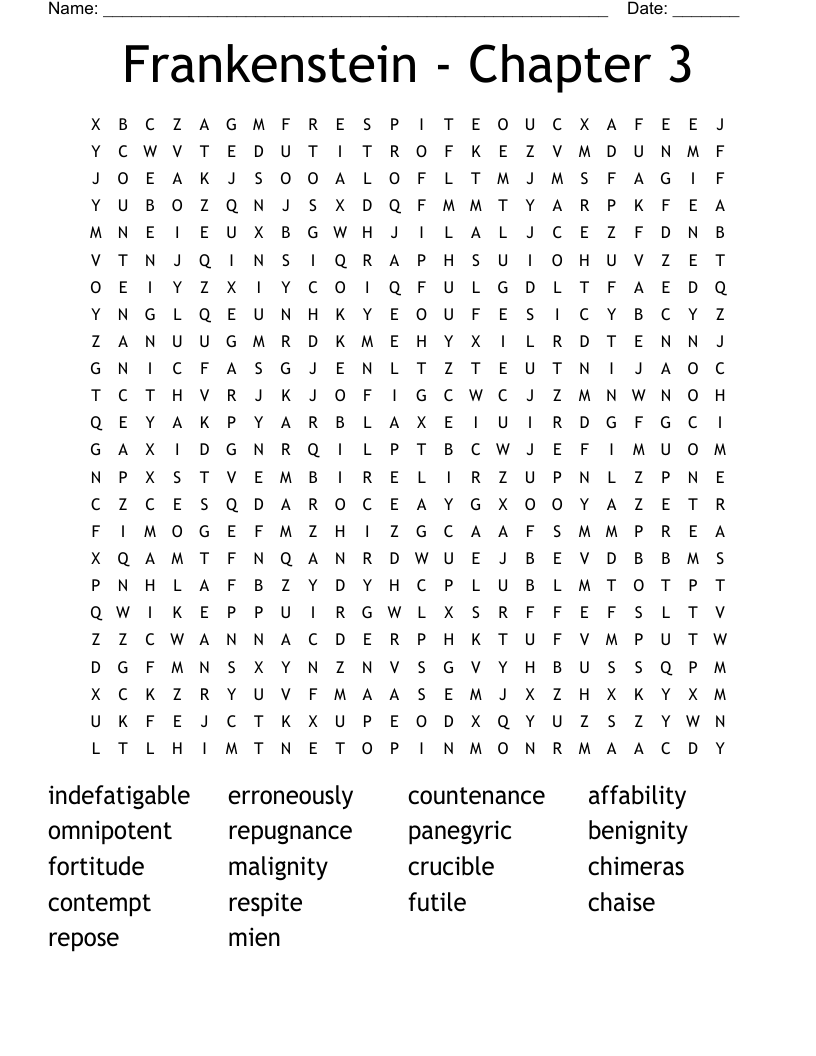 Frankenstein - Chapter 3 Word Search