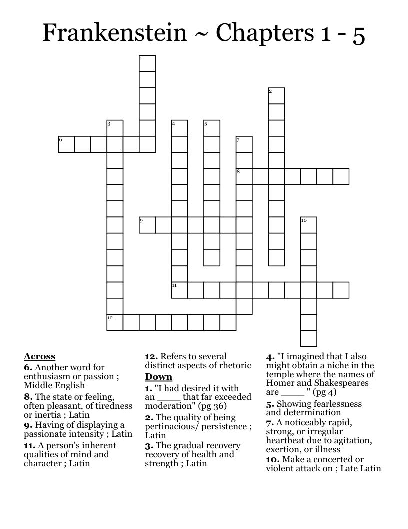 Frankenstein ~ Chapters 1 - 5 Crossword