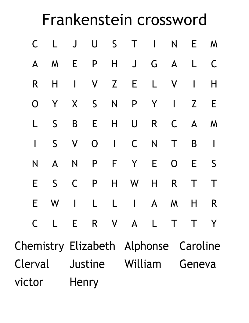 Frankenstein crossword  Word Search