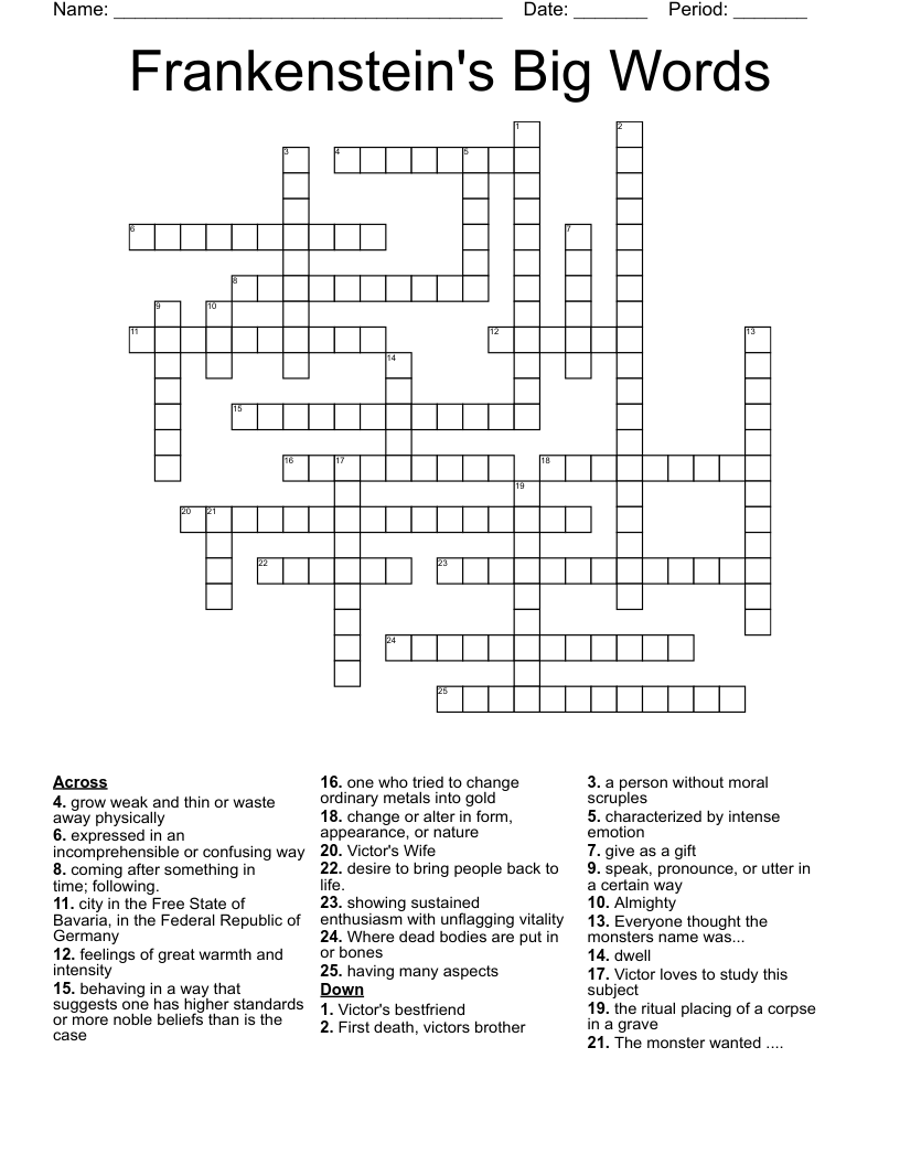 Frankenstein's Big Words Crossword