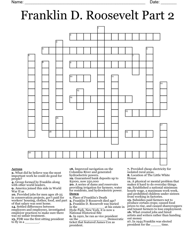Franklin D. Roosevelt Part 2 Crossword