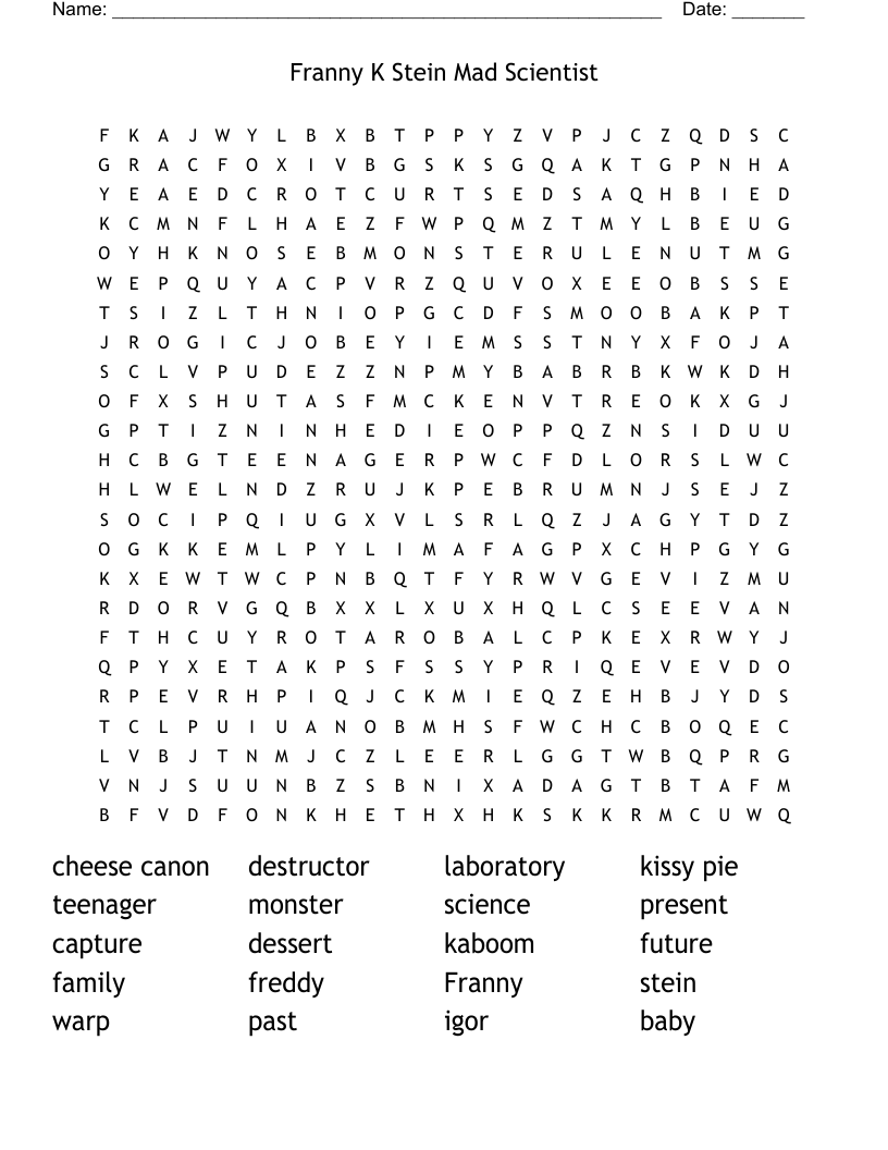 Franny K Stein Mad Scientist                                                       Word Search