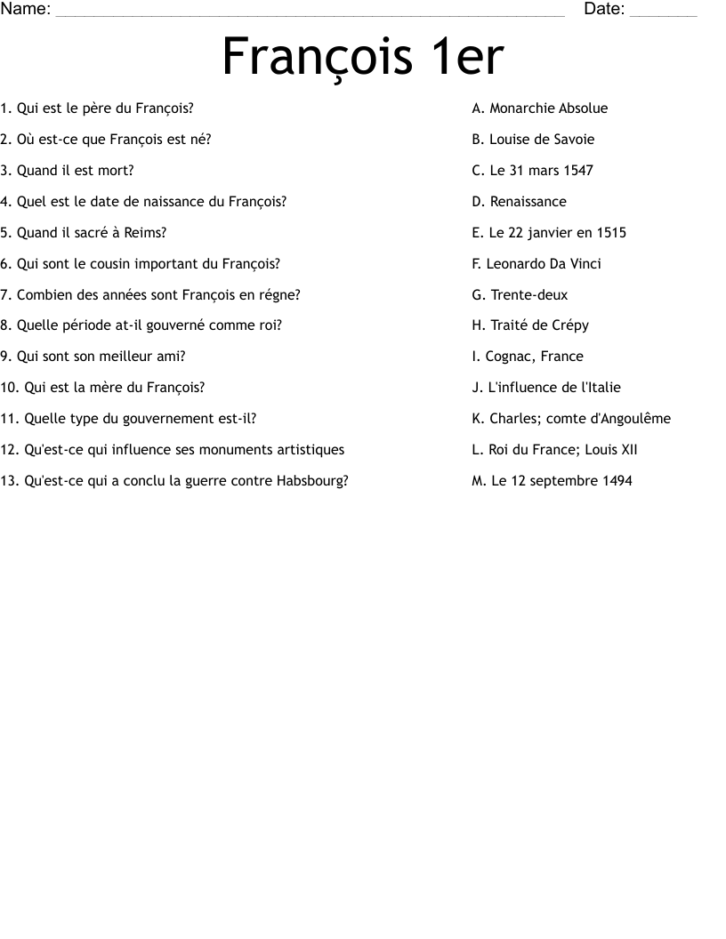 François 1er Worksheet