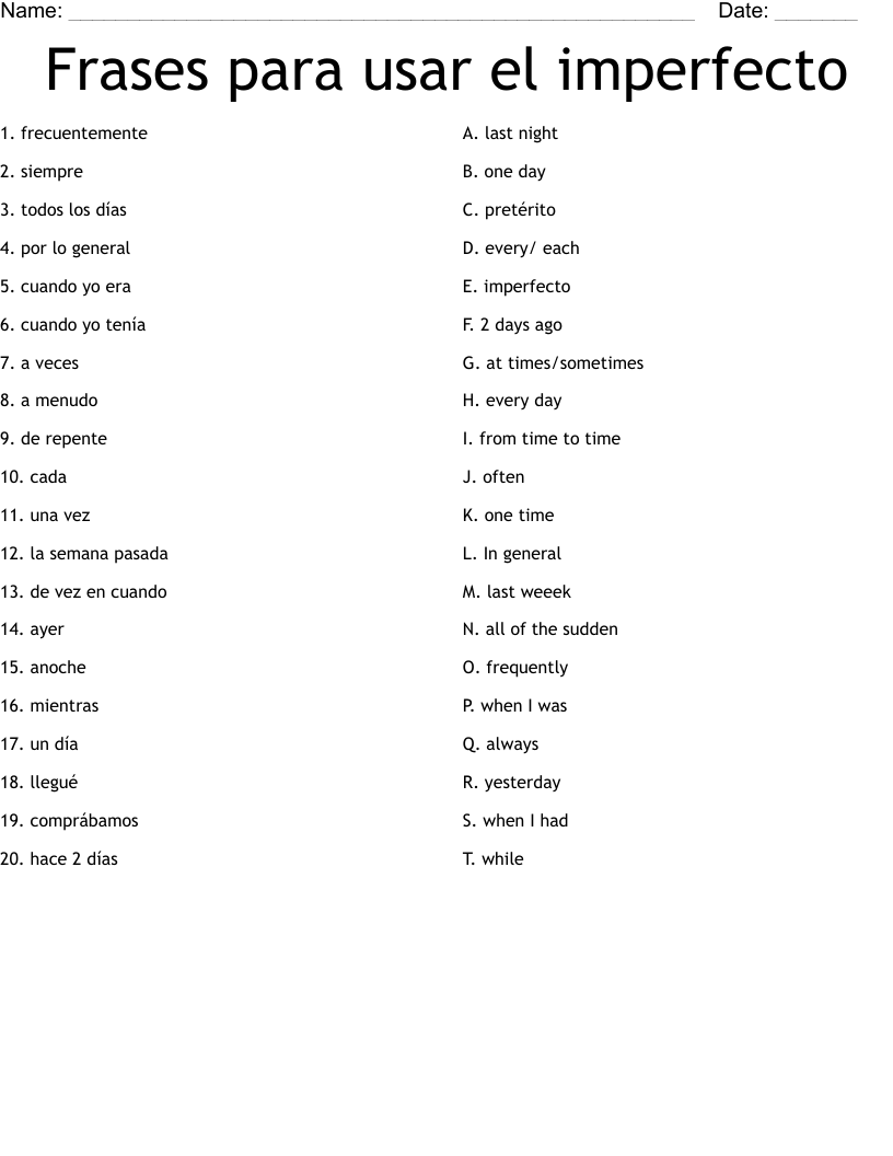 Frases para usar el imperfecto Worksheet