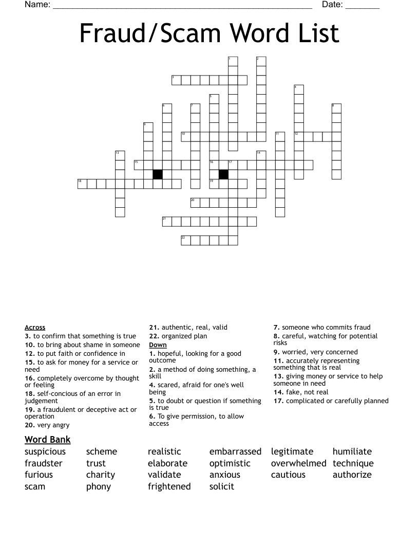 Fraud/Scam Word List Crossword