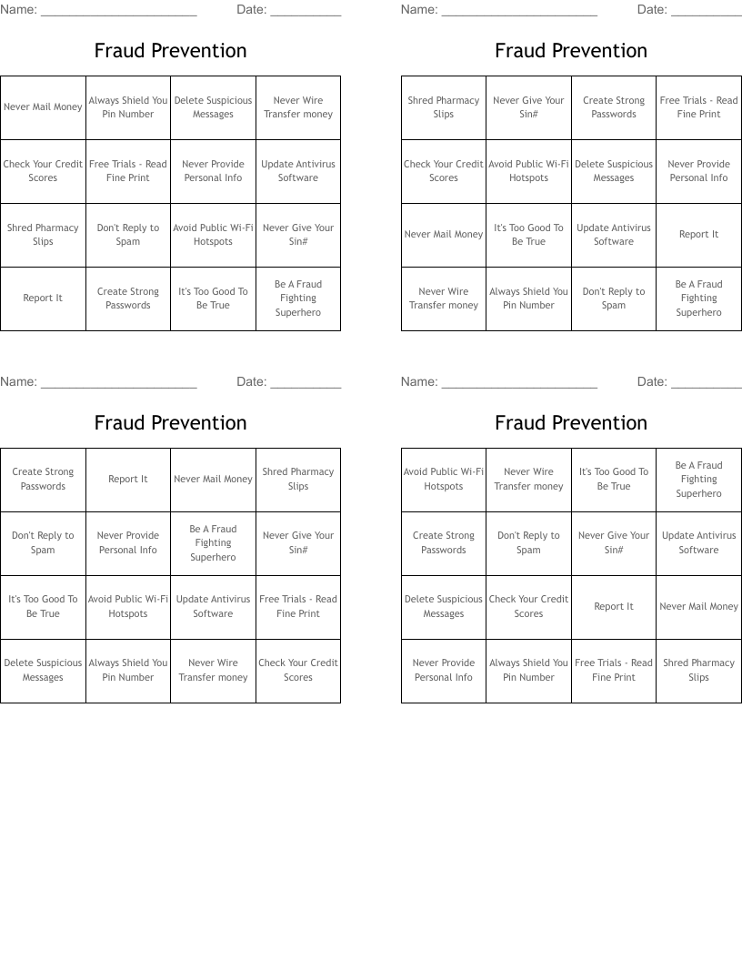 Fraud Prevention Bingo Cards