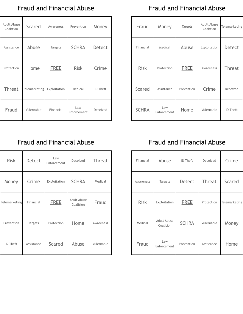 Fraud and Financial Abuse Bingo Cards