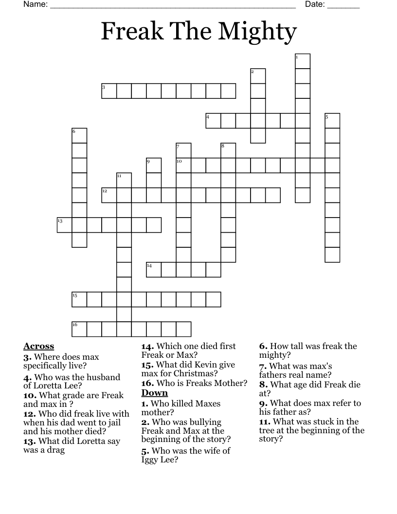 Freak The Mighty Crossword