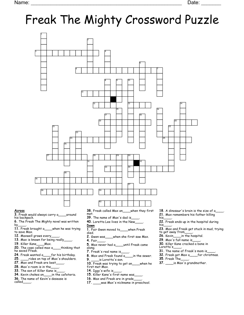 Freak The Mighty Crossword Puzzle
