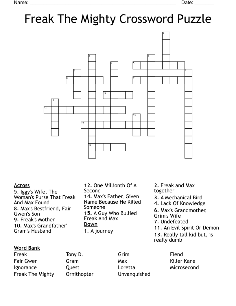 Freak The Mighty Crossword Puzzle