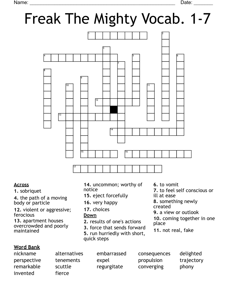 Freak The Mighty Vocab. 1-7 Crossword