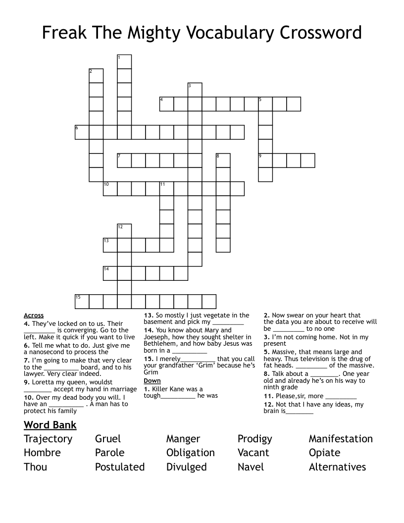 Freak The Mighty Vocabulary Crossword