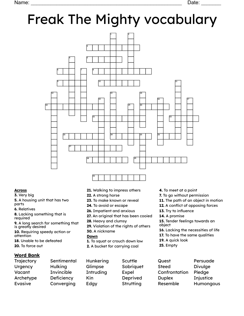 Freak The Mighty vocabulary  Crossword