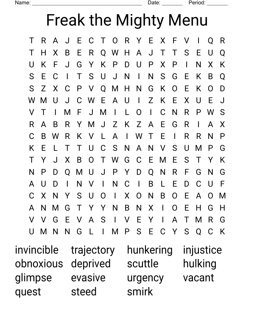 Freak the Mighty Menu Word Search