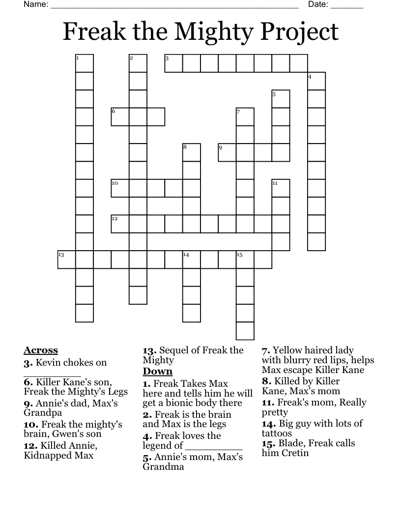 Freak the Mighty Project Crossword