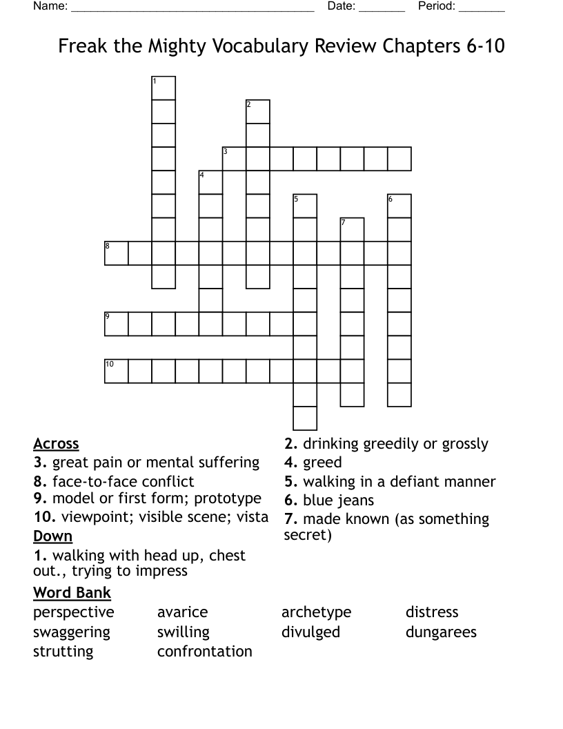 Freak the Mighty Vocabulary Review Chapters 6-10 Crossword