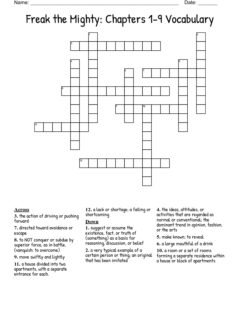 Freak the Mighty:  Chapters 1-9 Vocabulary Crossword
