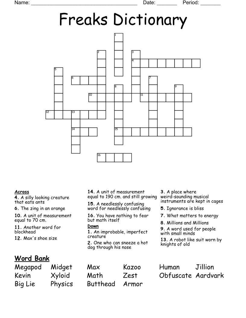 Freaks Dictionary Crossword