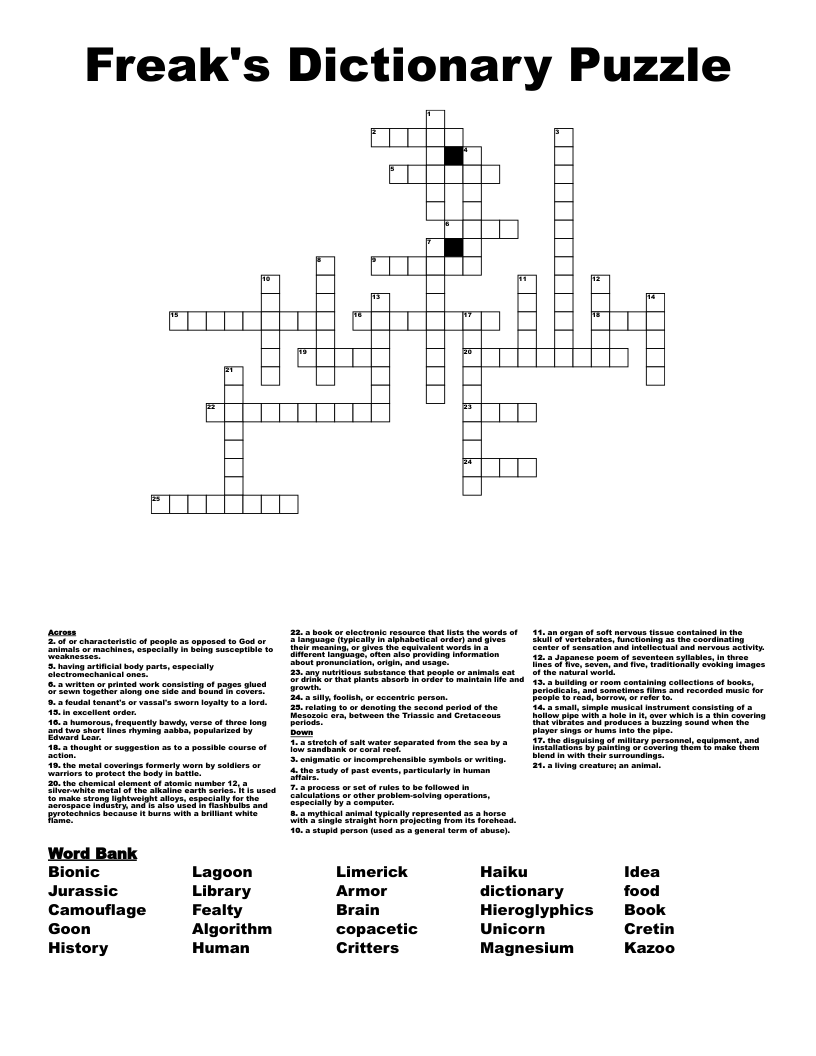 Freak's Dictionary Puzzle Crossword