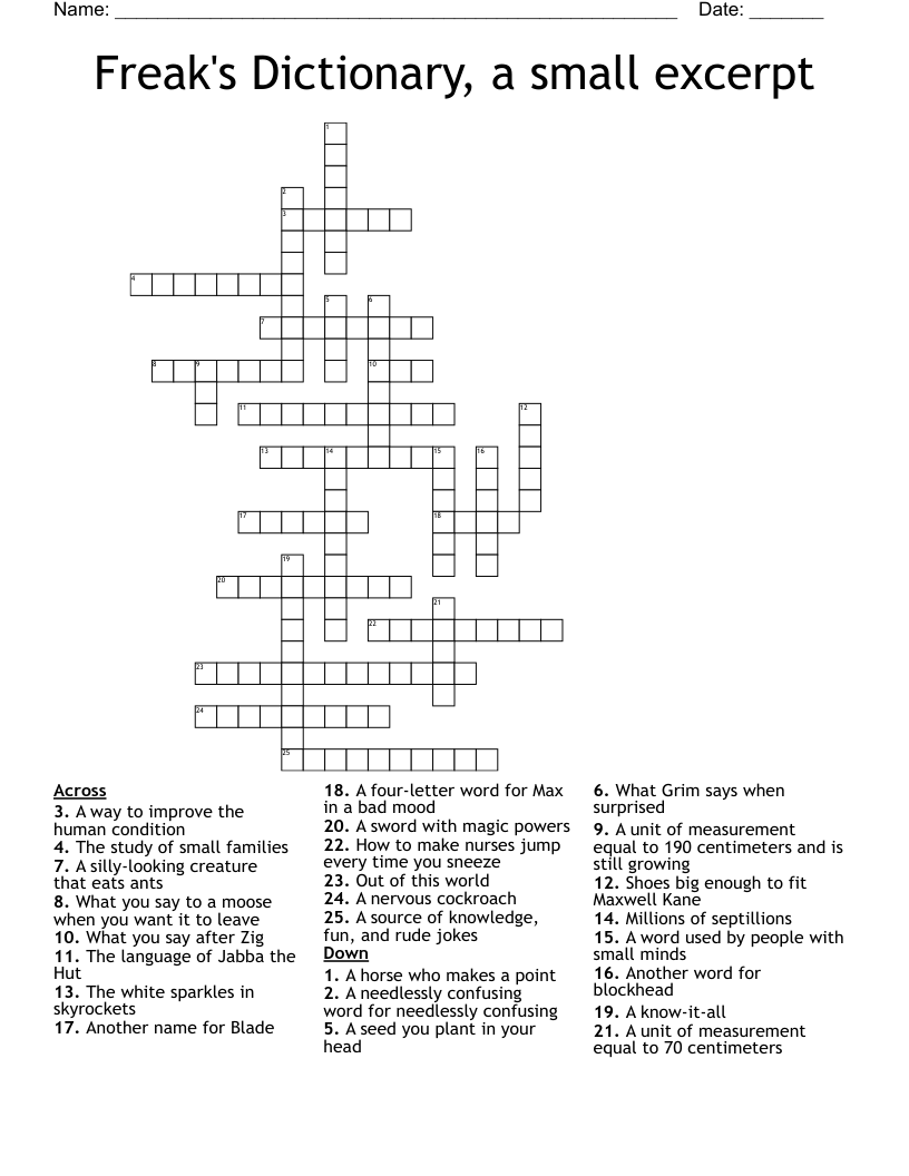 Freak's Dictionary, a small excerpt Crossword