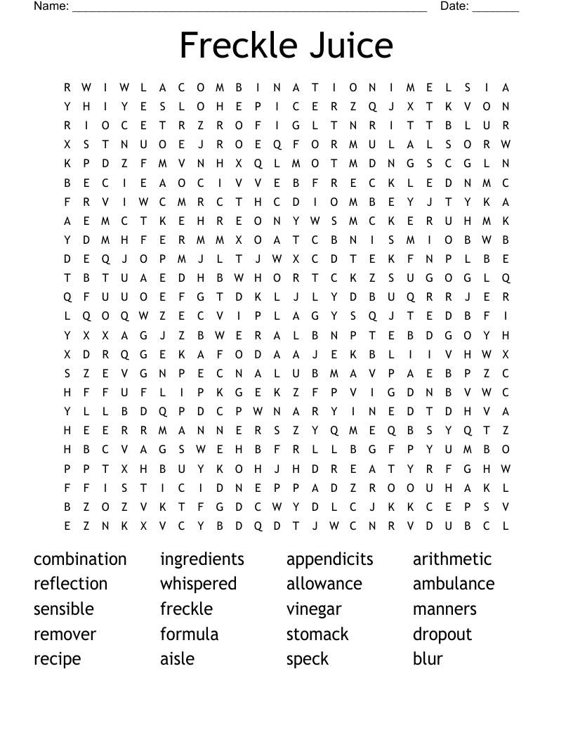 Freckle Juice Word Search