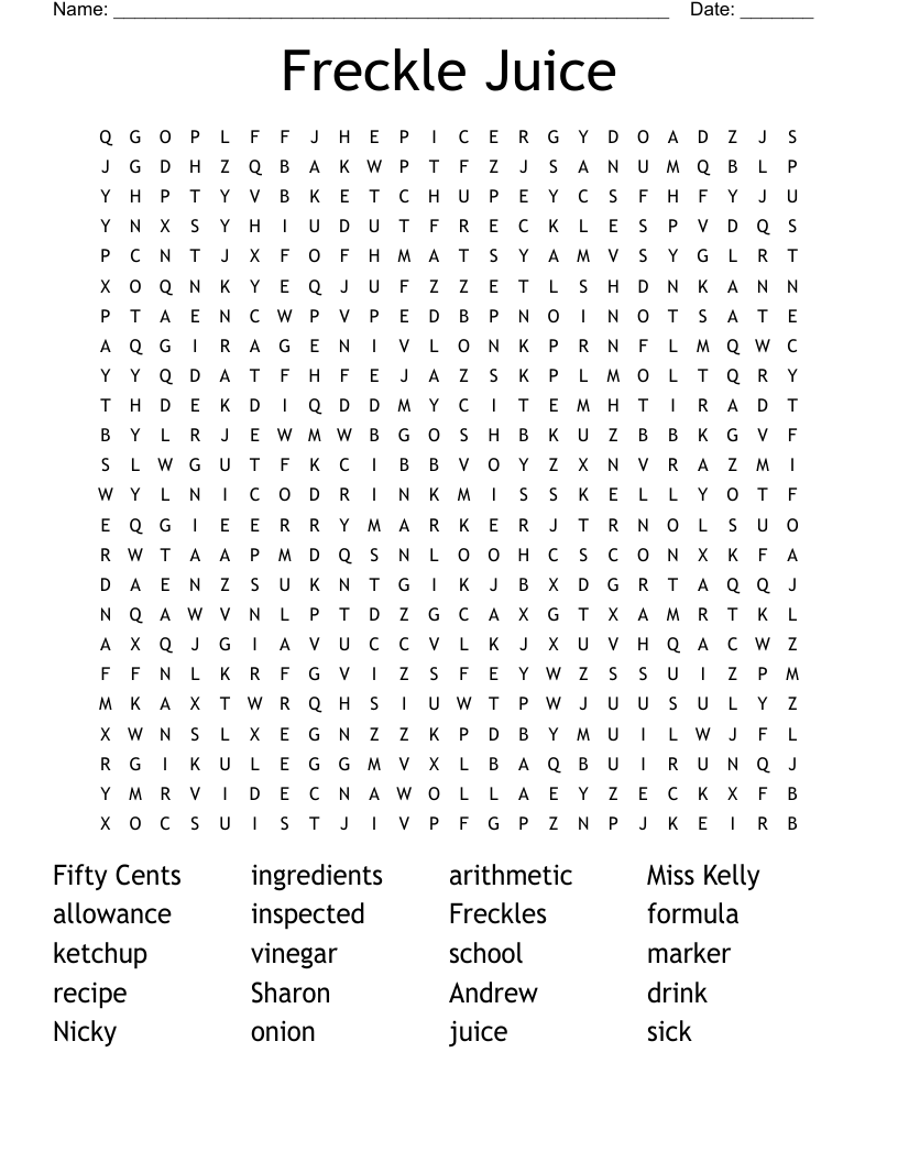Freckle Juice Word Search