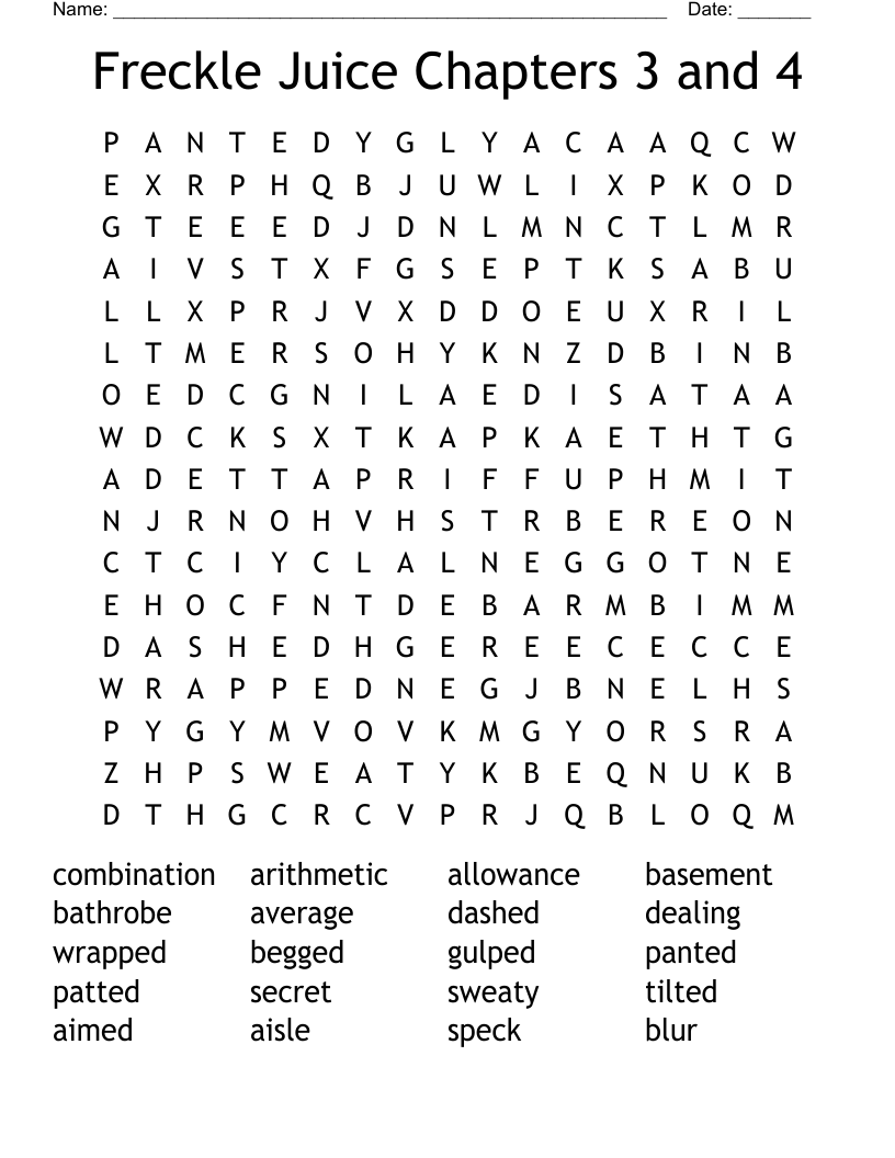 Freckle Juice Chapters 3 and 4 Word Search
