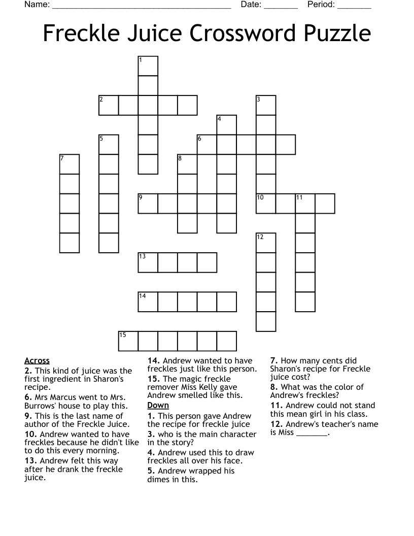 Freckle Juice Crossword Puzzle