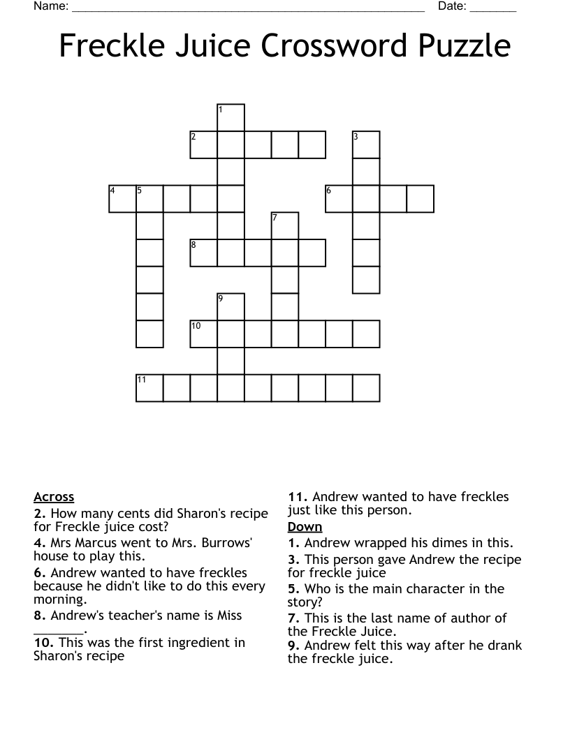 Freckle Juice Crossword Puzzle