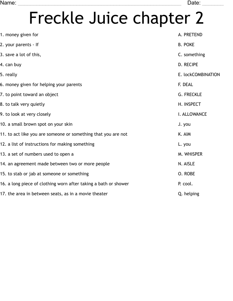 Freckle Juice chapter 2 Worksheet