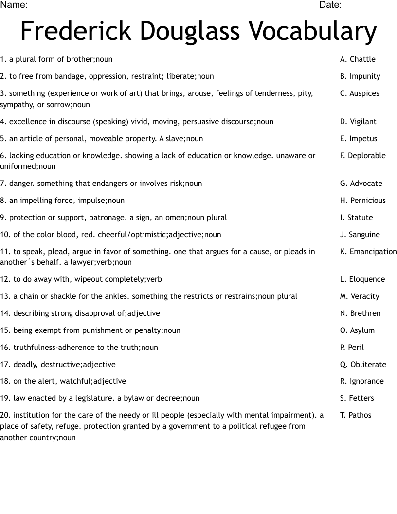 Frederick Douglass Vocabulary Worksheet