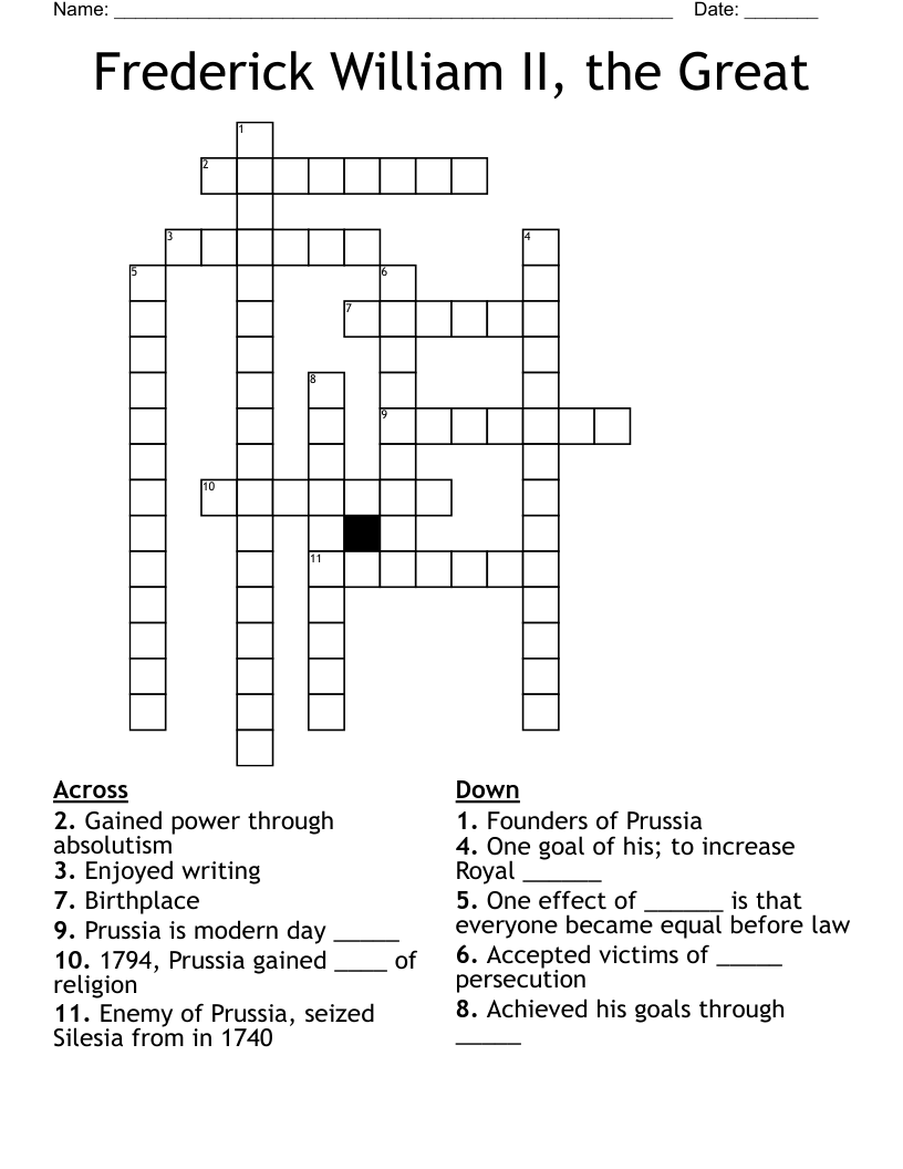 Frederick William II, the Great Crossword