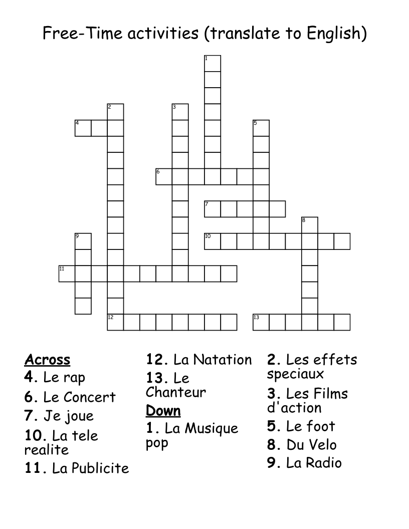 Free-Time activities (translate to English) Crossword