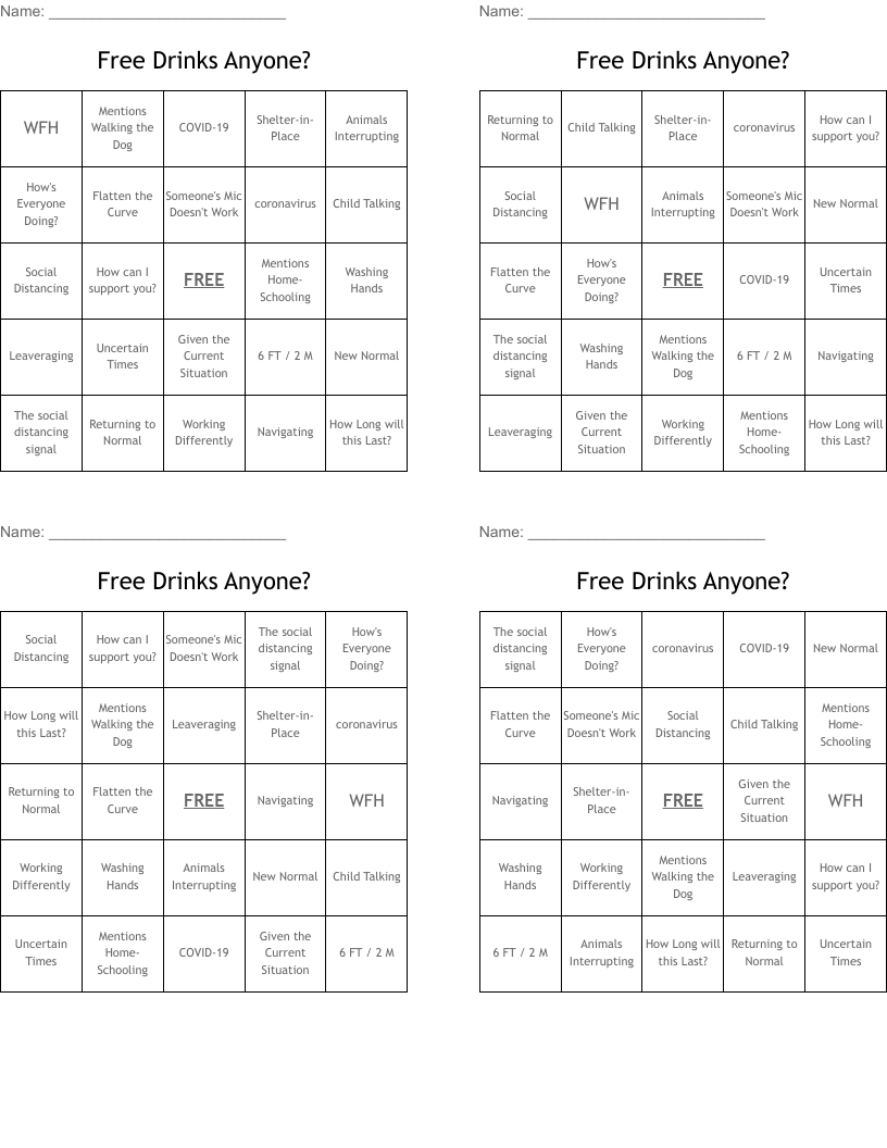 Free Drinks Anyone? Bingo Cards