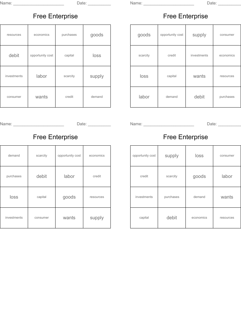 Free Enterprise Bingo Cards