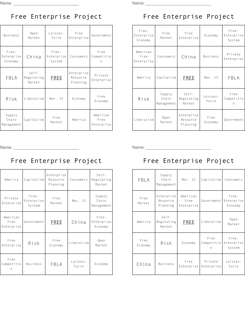 Free Enterprise Project Bingo Cards