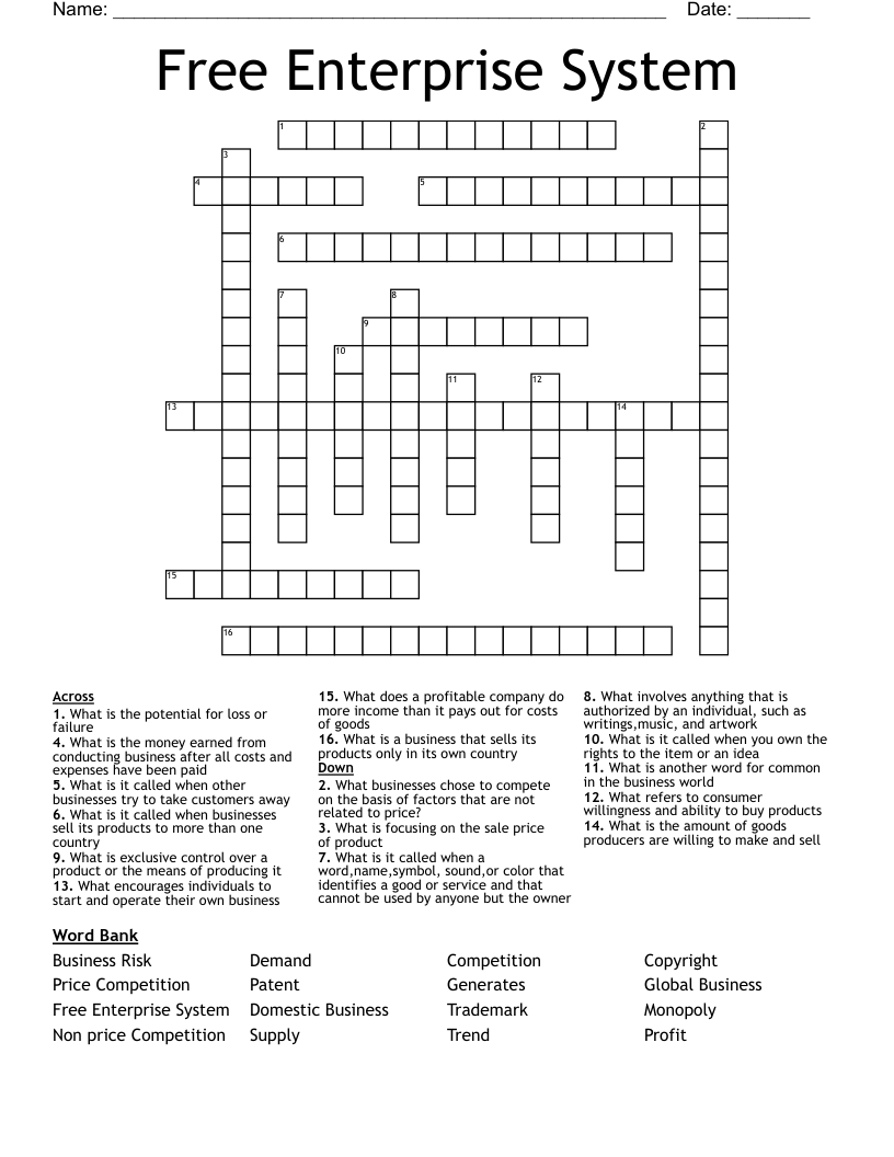 Free Enterprise System Crossword
